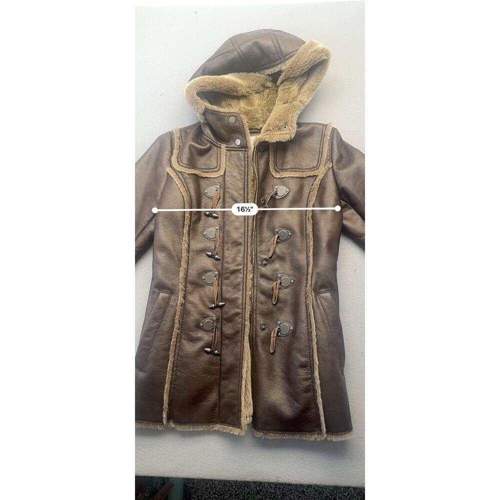 Laundry Shelli Segal Faux Leather Fur Hooded Duffle Toggle Jacket Coat Brown XS - Picture 8 of 15